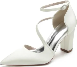 Women's Elegant High Heel Pointed Toe Satin Sandals with Floral Buckle - Chunky Heels, Closed Toe - Comfortable & Dressy for Special Occasions