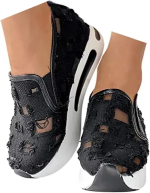 Women's Fashion Sneakers Mesh Floral Embroidery Platform Sneakers for Women 2024 Breathable Walking Shoes Comfortable Casual Wedge Slip On Work Shoes