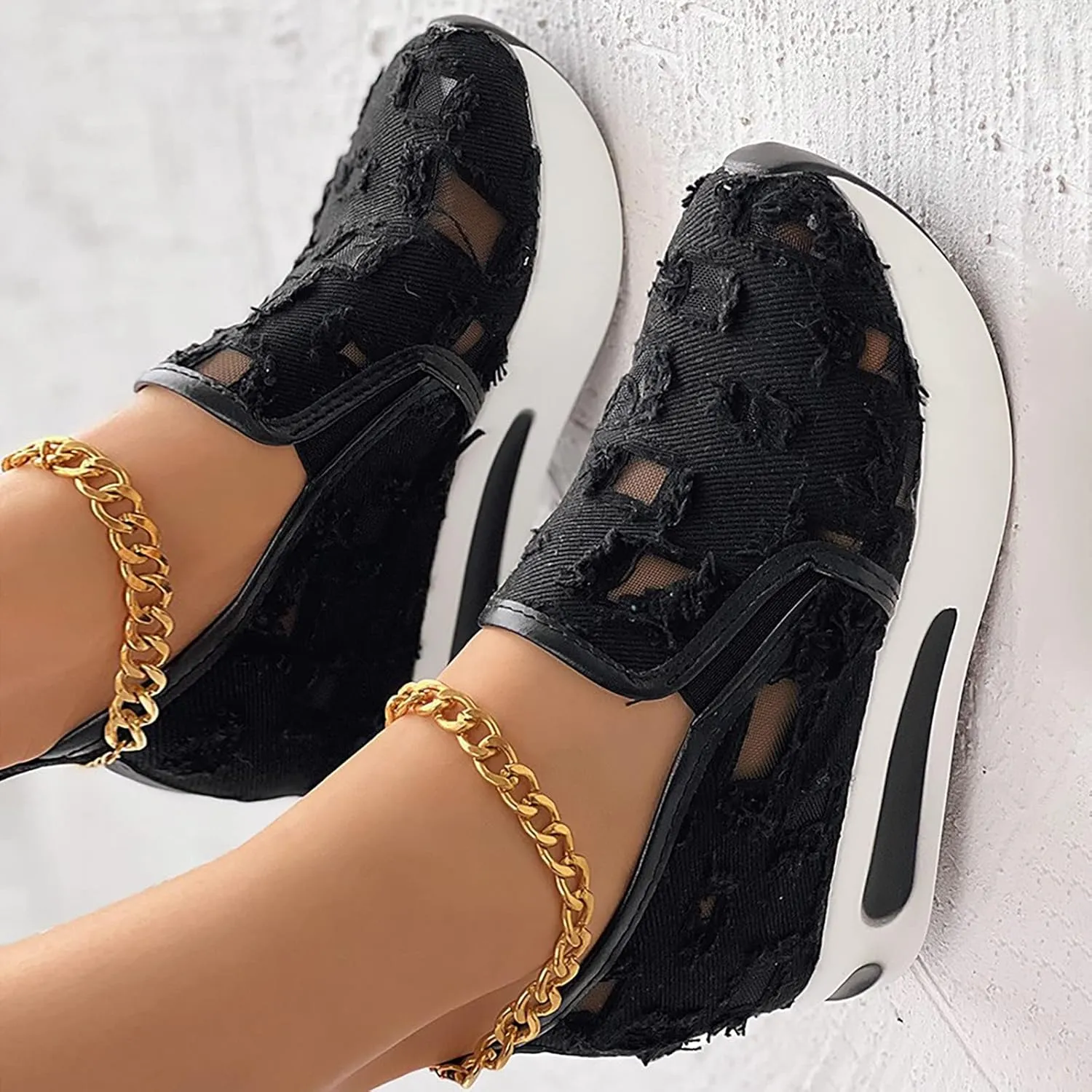 Women's Fashion Sneakers Mesh Floral Embroidery Platform Sneakers for Women 2024 Breathable Walking Shoes Comfortable Casual Wedge Slip On Work Shoes