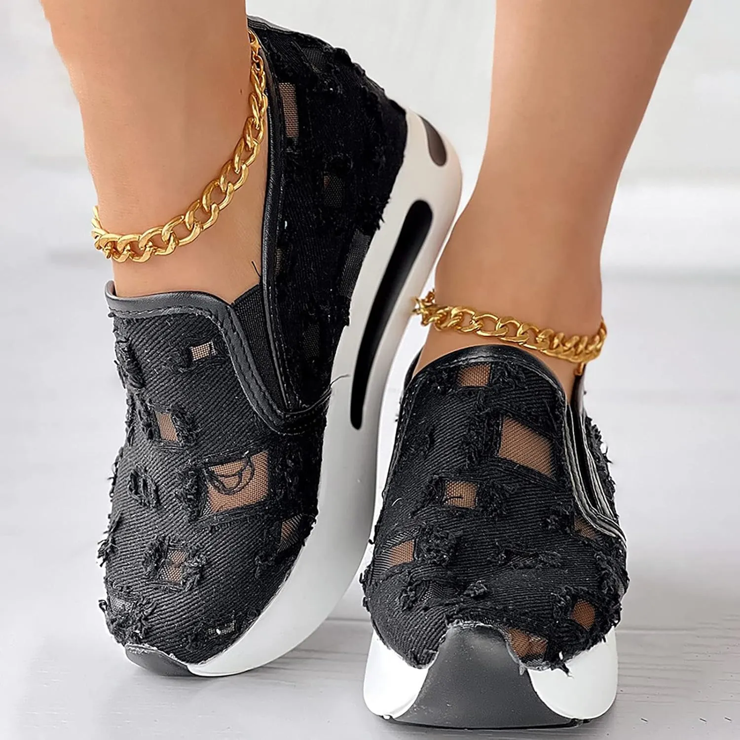 Women's Fashion Sneakers Mesh Floral Embroidery Platform Sneakers for Women 2024 Breathable Walking Shoes Comfortable Casual Wedge Slip On Work Shoes