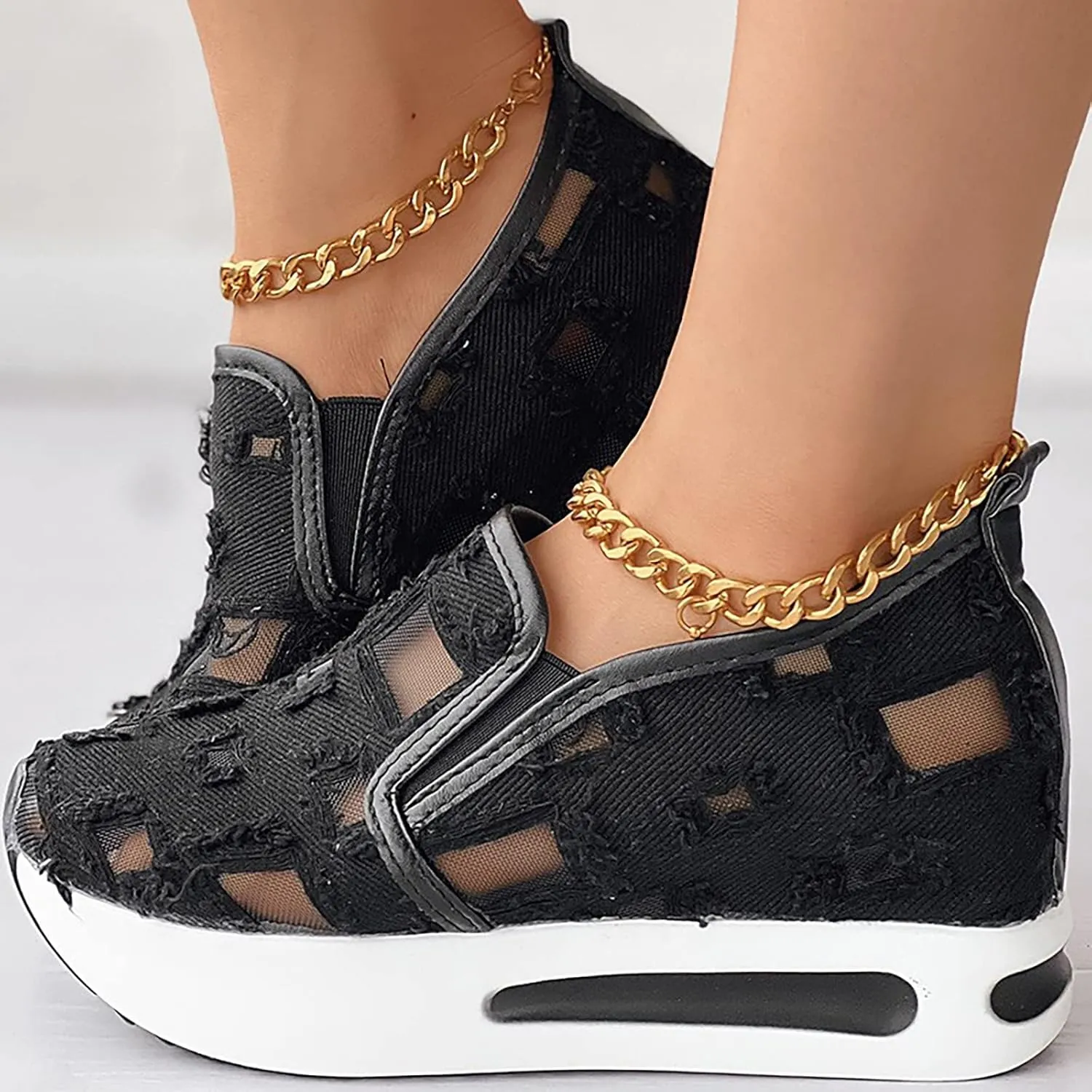 Women's Fashion Sneakers Mesh Floral Embroidery Platform Sneakers for Women 2024 Breathable Walking Shoes Comfortable Casual Wedge Slip On Work Shoes