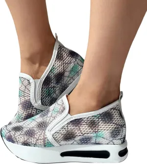 Women's Fashion Sneakers Mesh Floral Embroidery Platform Sneakers for Women 2024 Breathable Walking Shoes Comfortable Casual Wedge Slip On Work Shoes