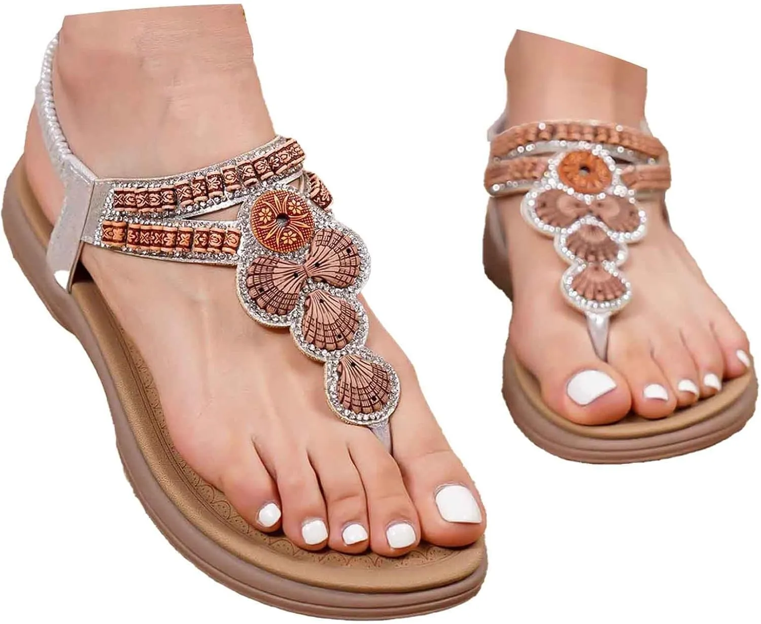 Women's Flat Thong Sandals Dressy 2025 Summer Bohemian Stappy Comfortable Ankle Elastic T-Strap Beach