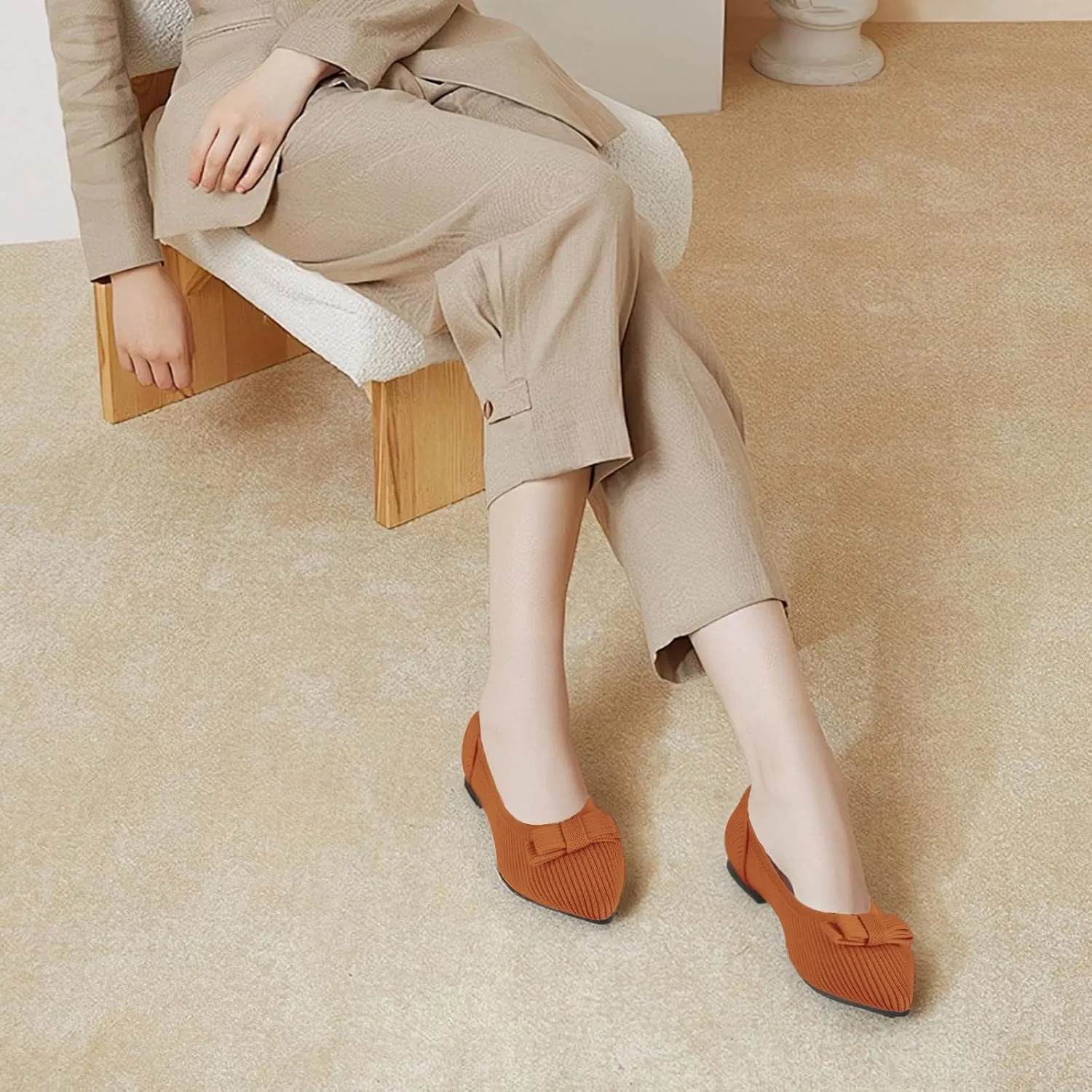 Women's Flats Pointed Toe Ballet Shoes with Bow Comfortable Knit Dressy Flat