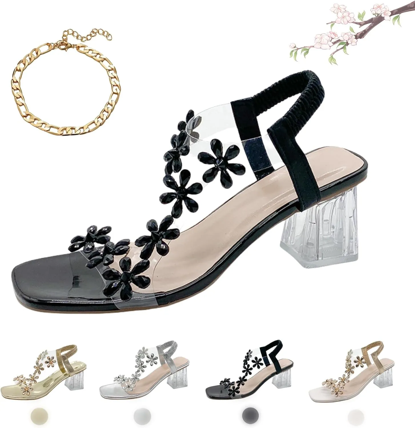 Women's Flower Rhinestone Block Heel Sandals, 2024 New Flower Rhinestone Block Heel Sandals Women-Party Wedding Sandals