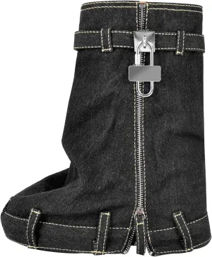 Women's Fold Over Knee High Denim Boots with Zipper Lock