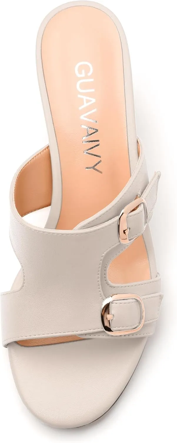 Women's Heeled Sandals, Round Open Toe Mid Chunky Heel, Buckle Fashion Slide Sandal for Wedding Party Daily Dressy