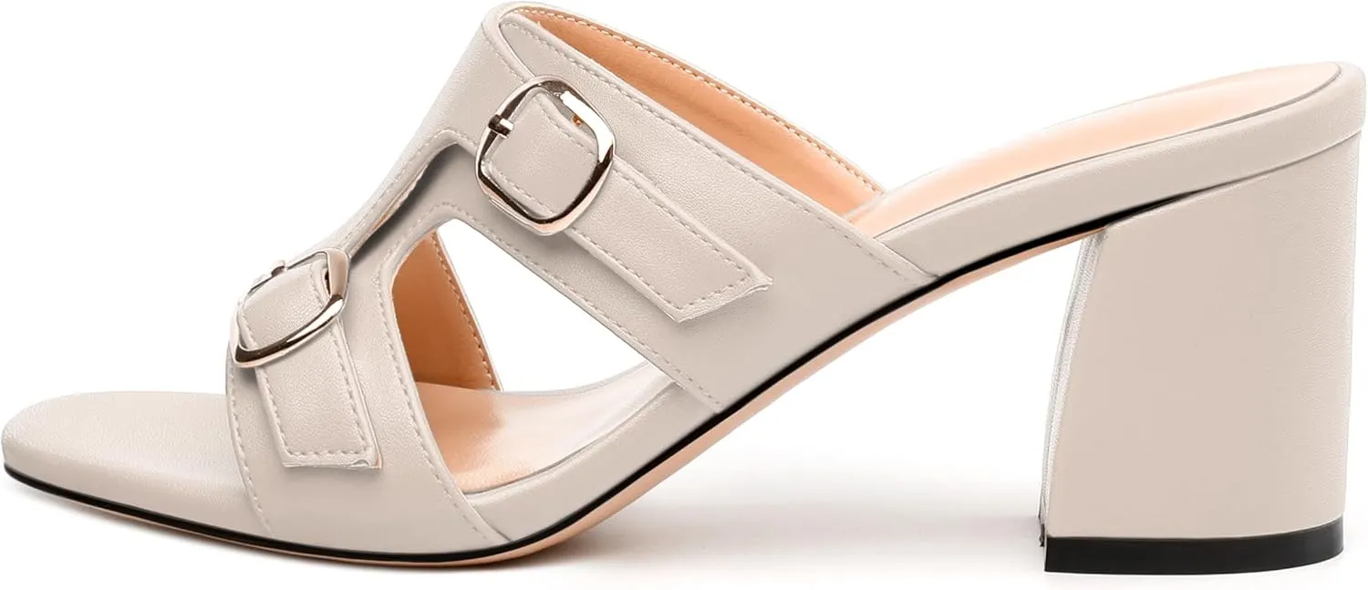 Women's Heeled Sandals, Round Open Toe Mid Chunky Heel, Buckle Fashion Slide Sandal for Wedding Party Daily Dressy