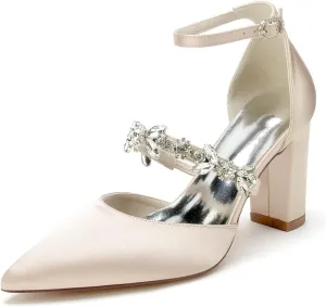 Women's High Chunky Wedding Shoes Block Heels Crystal Pump Sandals Wedding Party Pumps Shoes