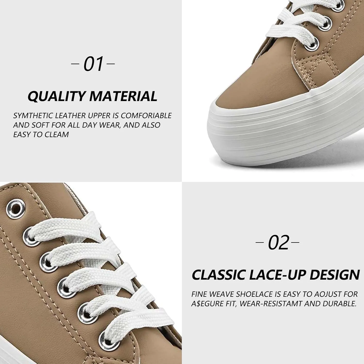 Women's High Platform Fashion Sneakers, White, Breathable, Lace Up, Tennis Shoes, Comfortable, Casual
