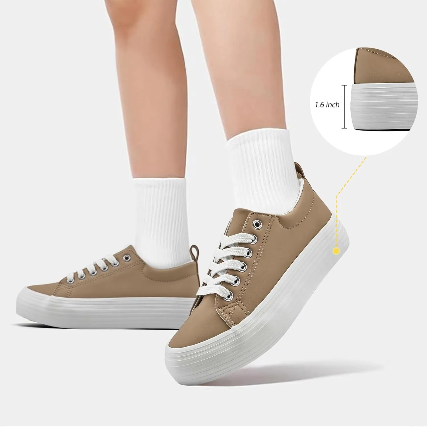 Women's High Platform Fashion Sneakers, White, Breathable, Lace Up, Tennis Shoes, Comfortable, Casual