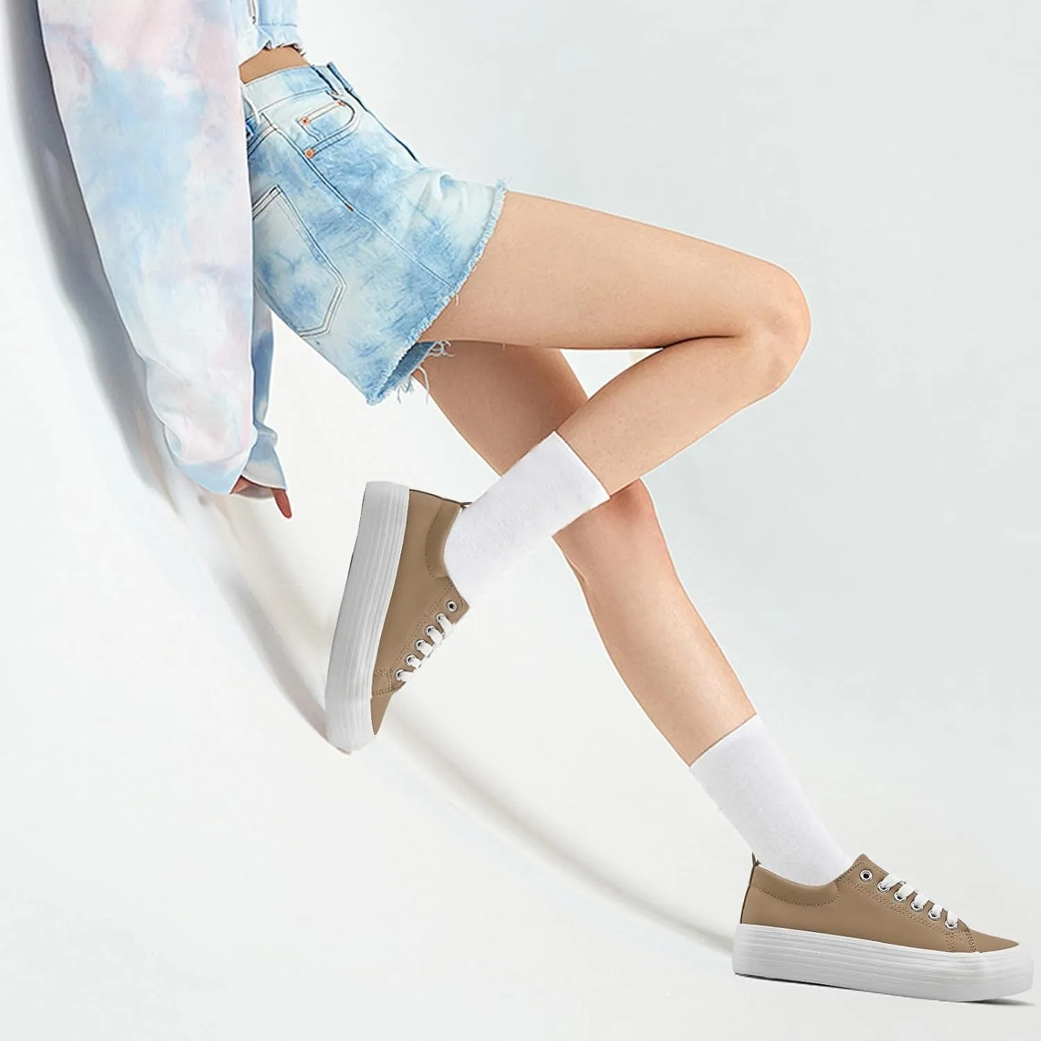 Women's High Platform Fashion Sneakers, White, Breathable, Lace Up, Tennis Shoes, Comfortable, Casual