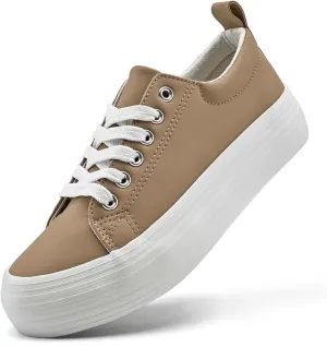 Women's High Platform Fashion Sneakers, White, Breathable, Lace Up, Tennis Shoes, Comfortable, Casual