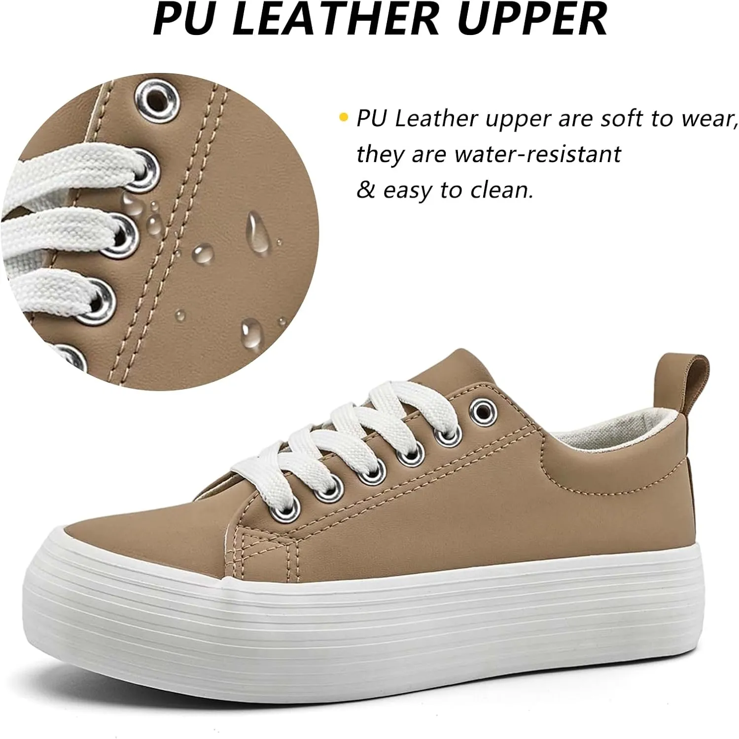 Women's High Platform Fashion Sneakers, White, Breathable, Lace Up, Tennis Shoes, Comfortable, Casual