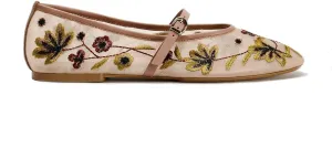 Women's Mesh Flat Mary Janes Embroidered Floral Buckled Strap Flats Casual Comfortable Round Toe Ballerina Shoes