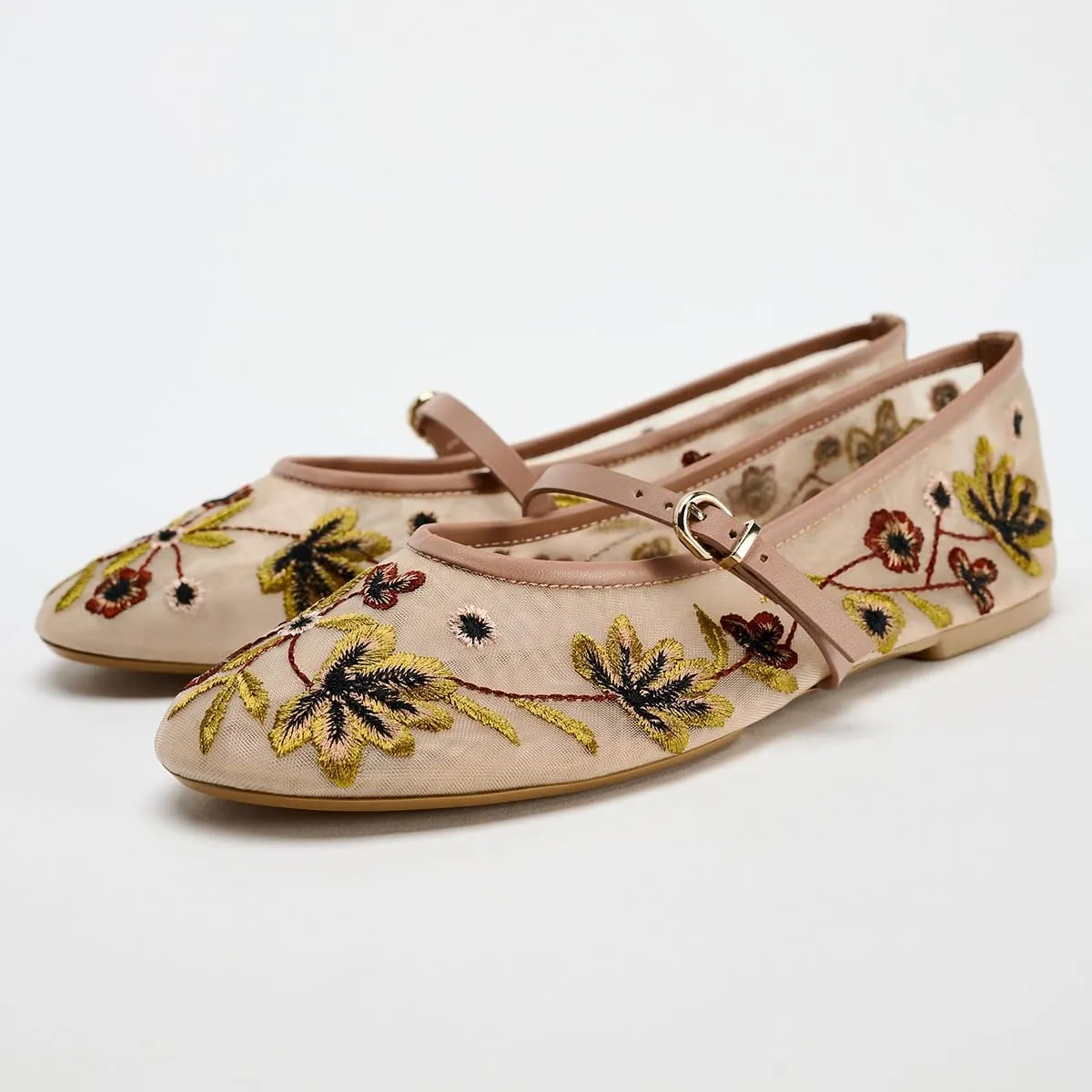 Women's Mesh Flat Mary Janes Embroidered Floral Buckled Strap Flats Casual Comfortable Round Toe Ballerina Shoes