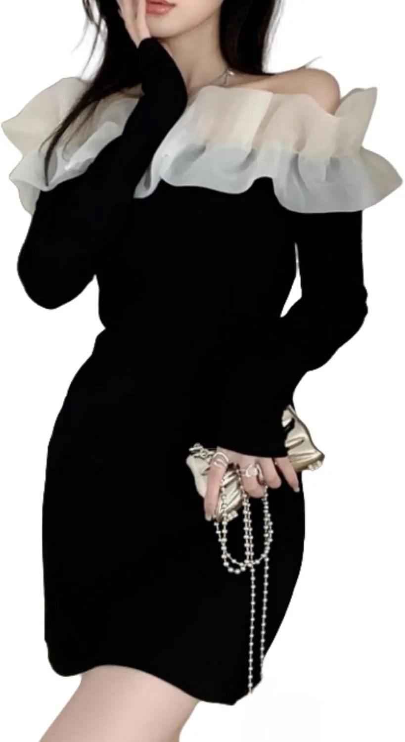 Women's Off-Shoulder Lace Detail Bodycon Dress,Long Sleeve Ruffled Hem,Breathable Black Clothes for Party