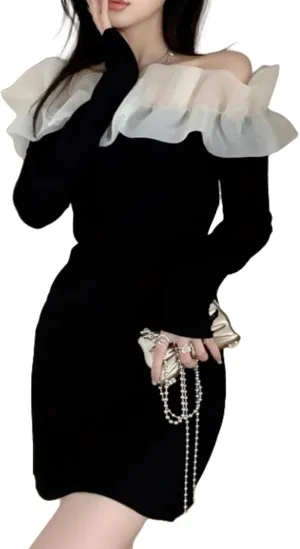 Women's Off-Shoulder Lace Detail Bodycon Dress,Long Sleeve Ruffled Hem,Breathable Black Clothes for Party