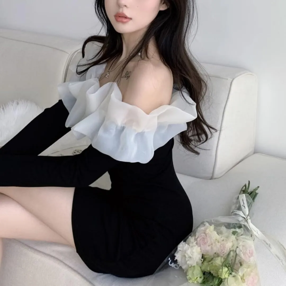 Women's Off-Shoulder Lace Detail Bodycon Dress,Long Sleeve Ruffled Hem,Breathable Black Clothes for Party