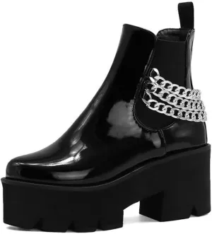 Women’s Patent Leather Lug Sole Platform Chunky Heel Chelsea Boots Fashion Elastic Strap Fall Winter Slip On Motorcycle Ankle Booties Comfortable Riding Biker Boots