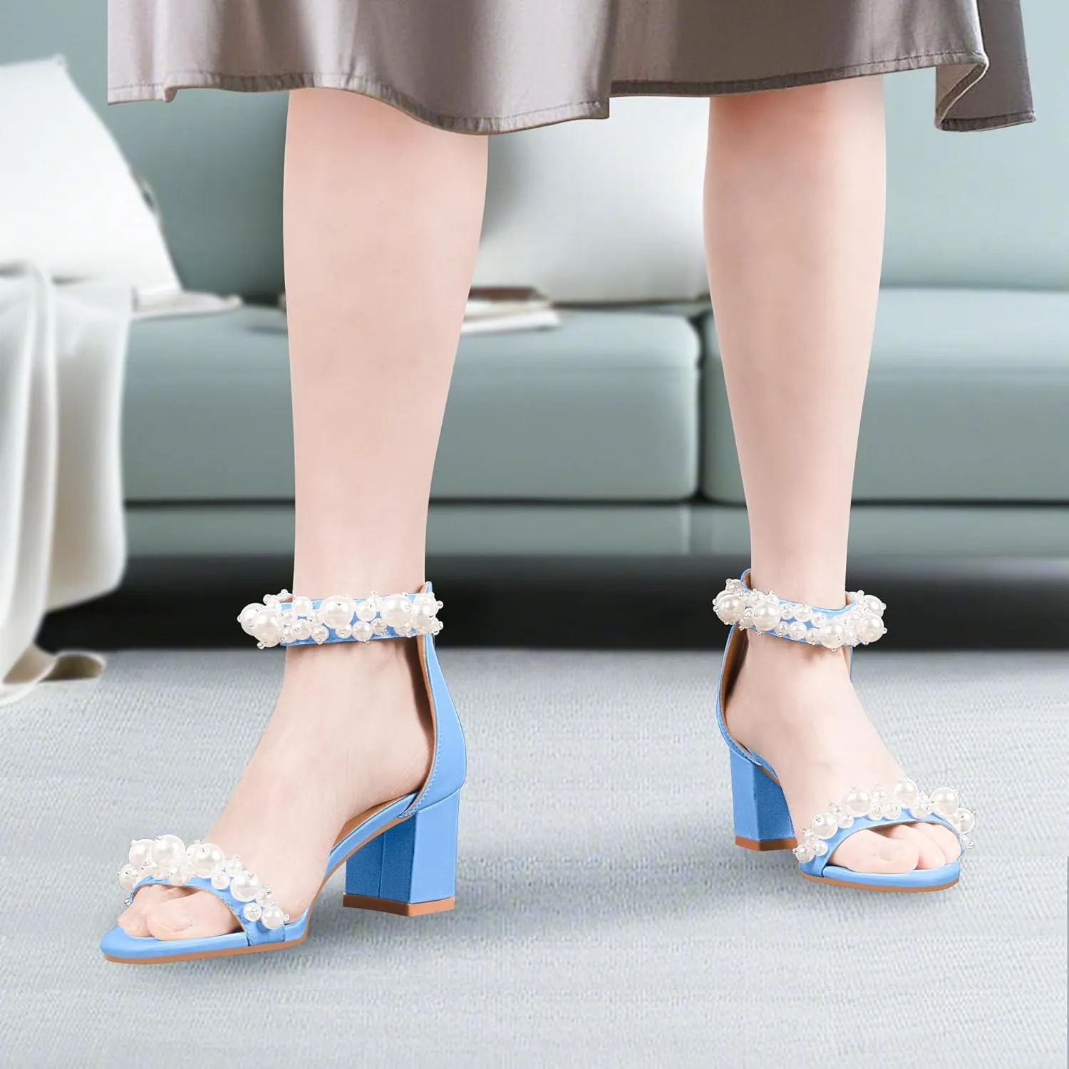 Women's Pearl Decoration Ankle Strap Sandals Chunky Block Heel Wedding Party Shoes