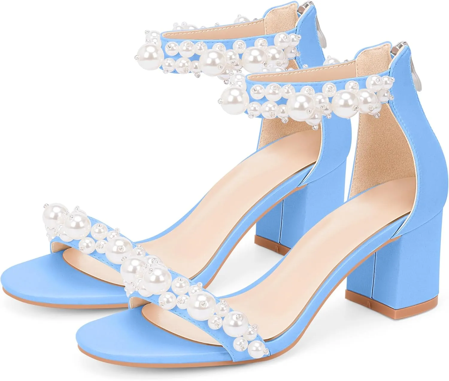 Women's Pearl Decoration Ankle Strap Sandals Chunky Block Heel Wedding Party Shoes