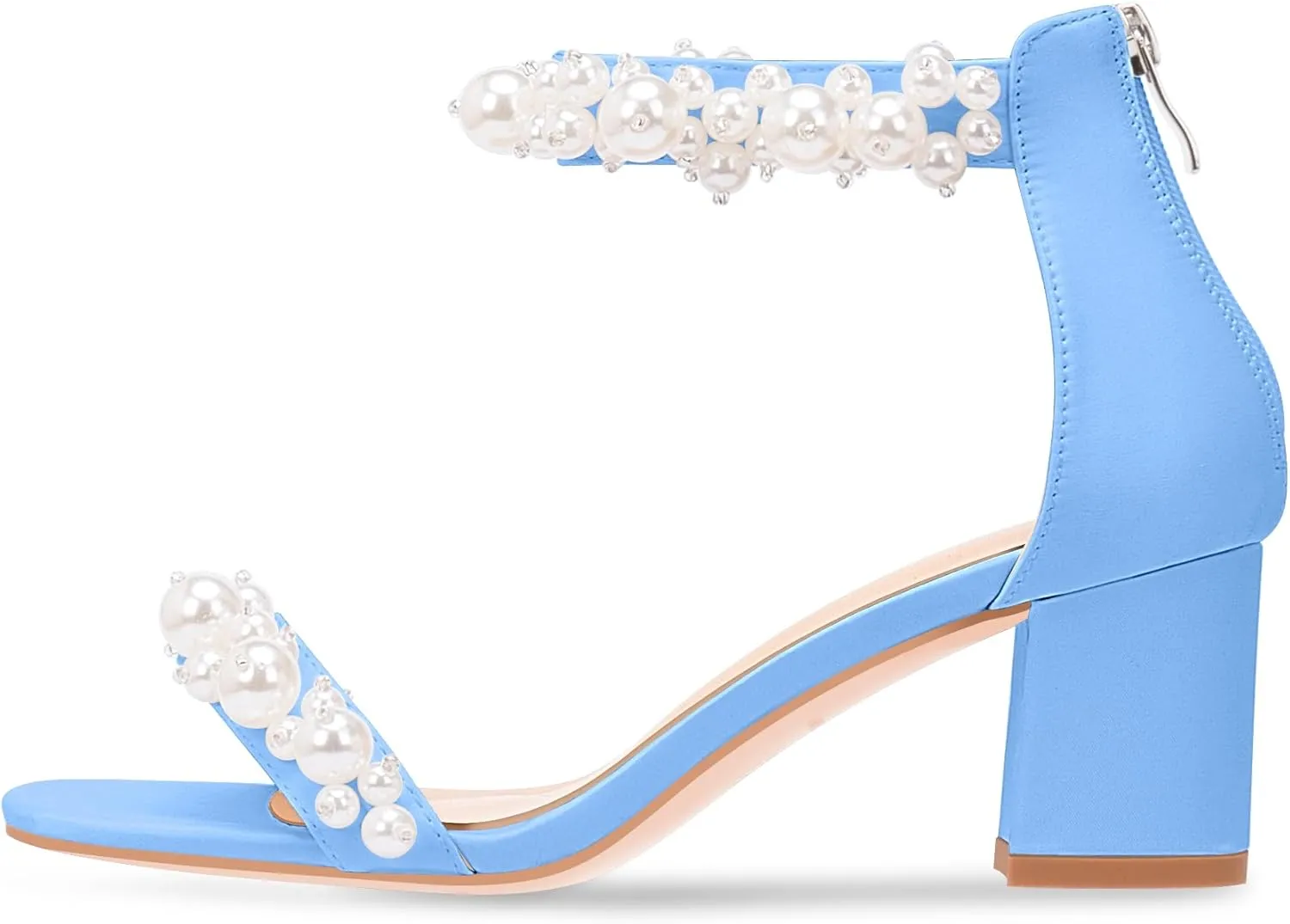 Women's Pearl Decoration Ankle Strap Sandals Chunky Block Heel Wedding Party Shoes