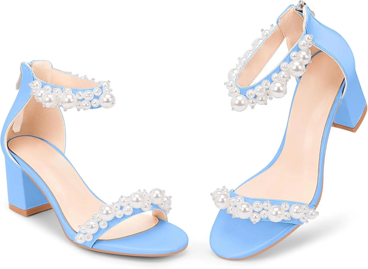 Women's Pearl Decoration Ankle Strap Sandals Chunky Block Heel Wedding Party Shoes