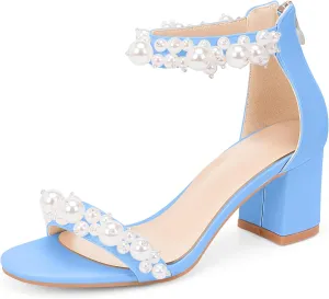 Women's Pearl Decoration Ankle Strap Sandals Chunky Block Heel Wedding Party Shoes