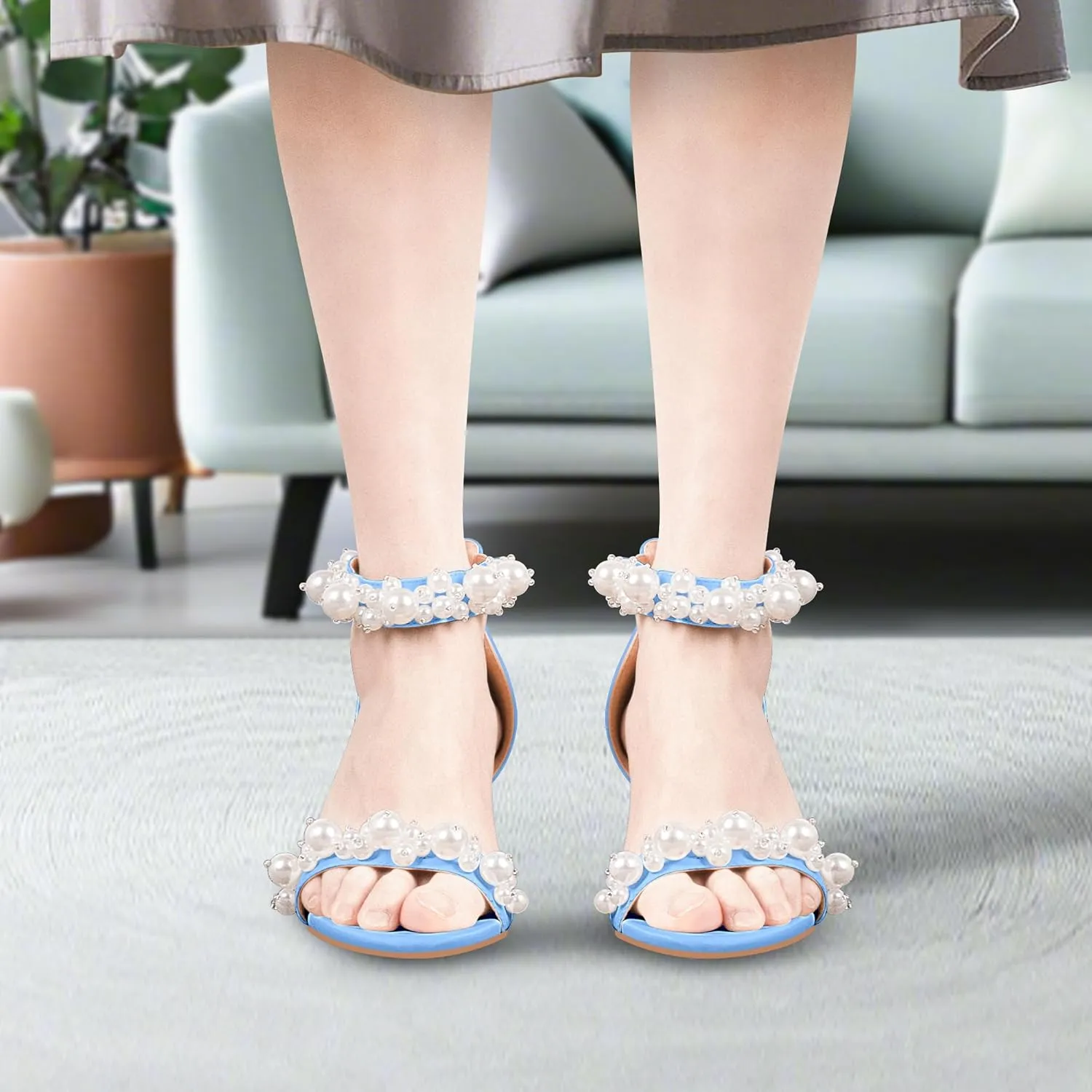 Women's Pearl Decoration Ankle Strap Sandals Chunky Block Heel Wedding Party Shoes