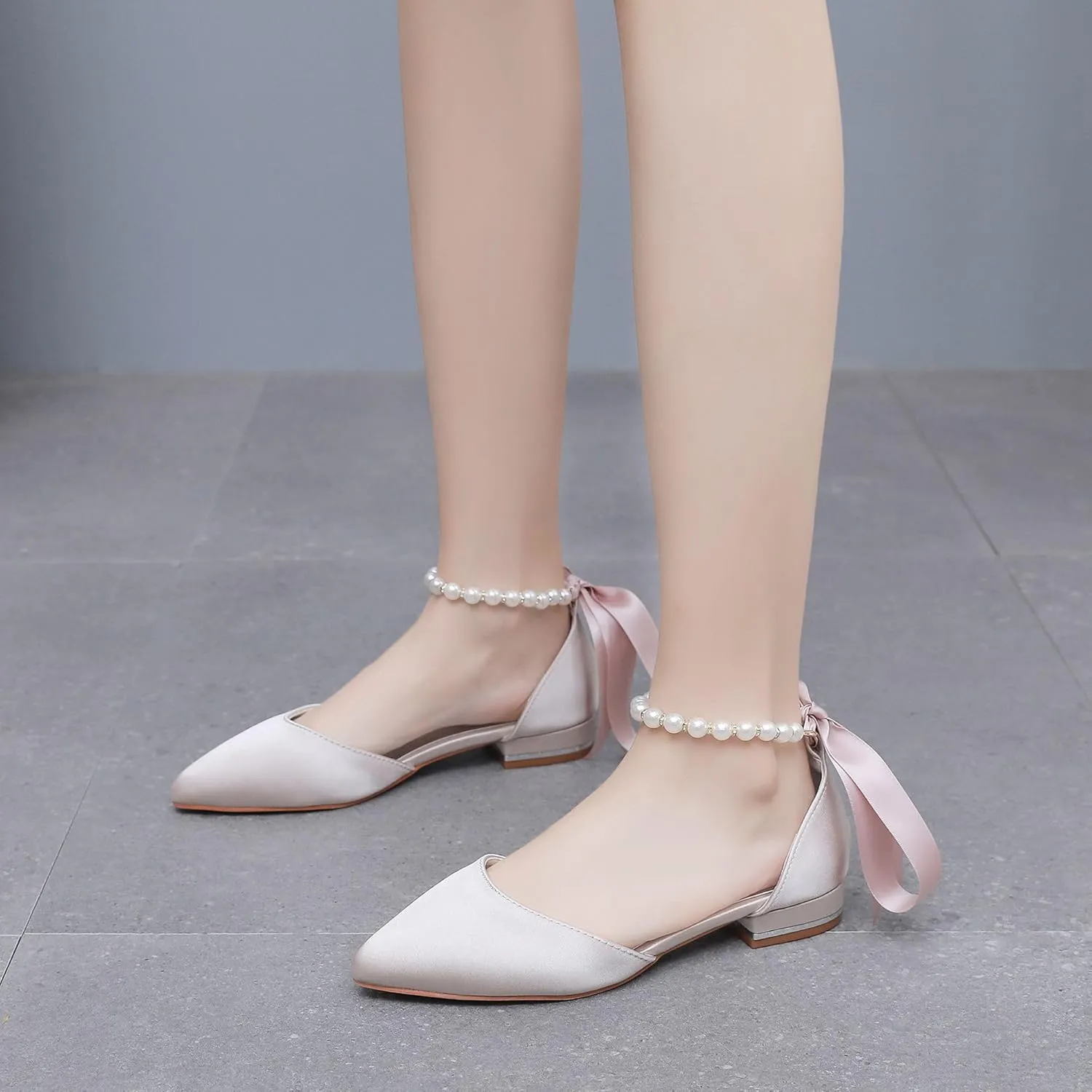 Women's Pearl Satin Wedding Shoes Pointed Toe Comfortable Bridal Flats Formal Prom Party Dress Pumps Ankle Strap Sandals