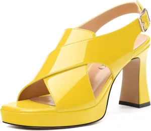 Women's Platform Sandals, Slingback Open Toe Buckle Heels for Women, Fashion Solid Patent High Heel Shoes 3.35 inch