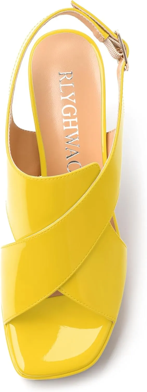 Women's Platform Sandals, Slingback Open Toe Buckle Heels for Women, Fashion Solid Patent High Heel Shoes 3.35 inch