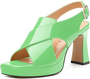 Women's Platform Sandals, Slingback Open Toe Buckle Heels for Women, Fashion Solid Patent High Heel Shoes 3.35 inch