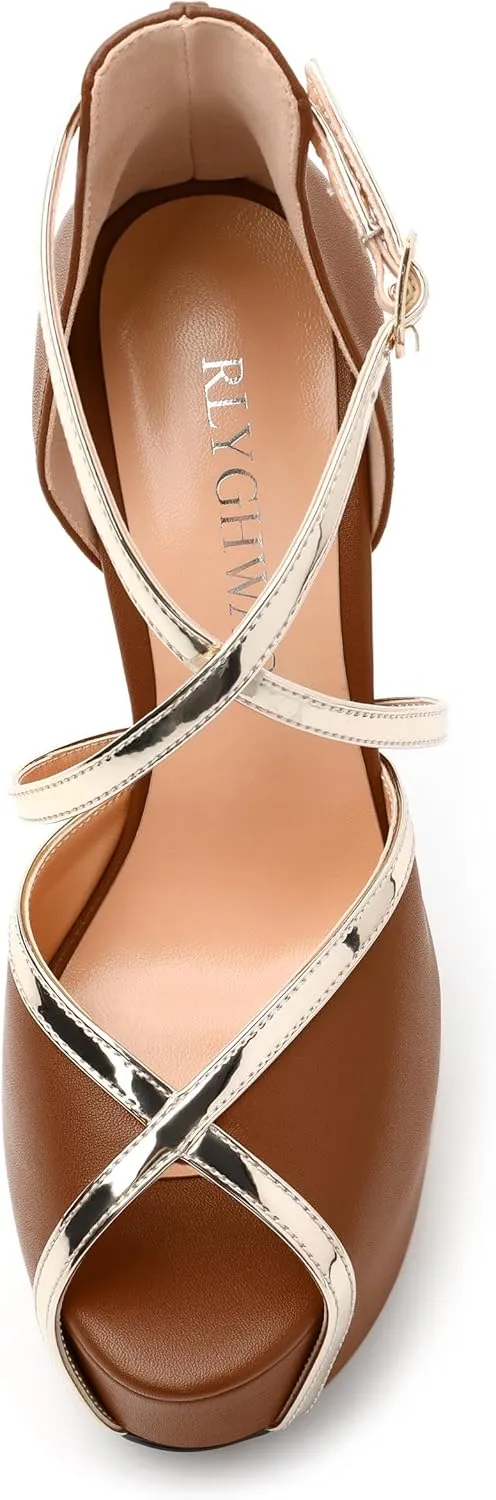 Womens Platform Sandals Stiletto Heels Round Toe High Heels Fashion Cross Body Strap Open Toe Buckle Heeled Sandal Shoes