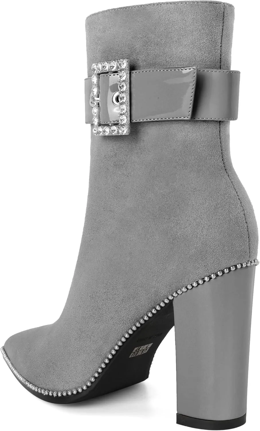 Womens Pointed Toe Beaded Ankle Boots Side Zipper 3.7 Inches Chunky High Heel Strap Buckle Short Boots