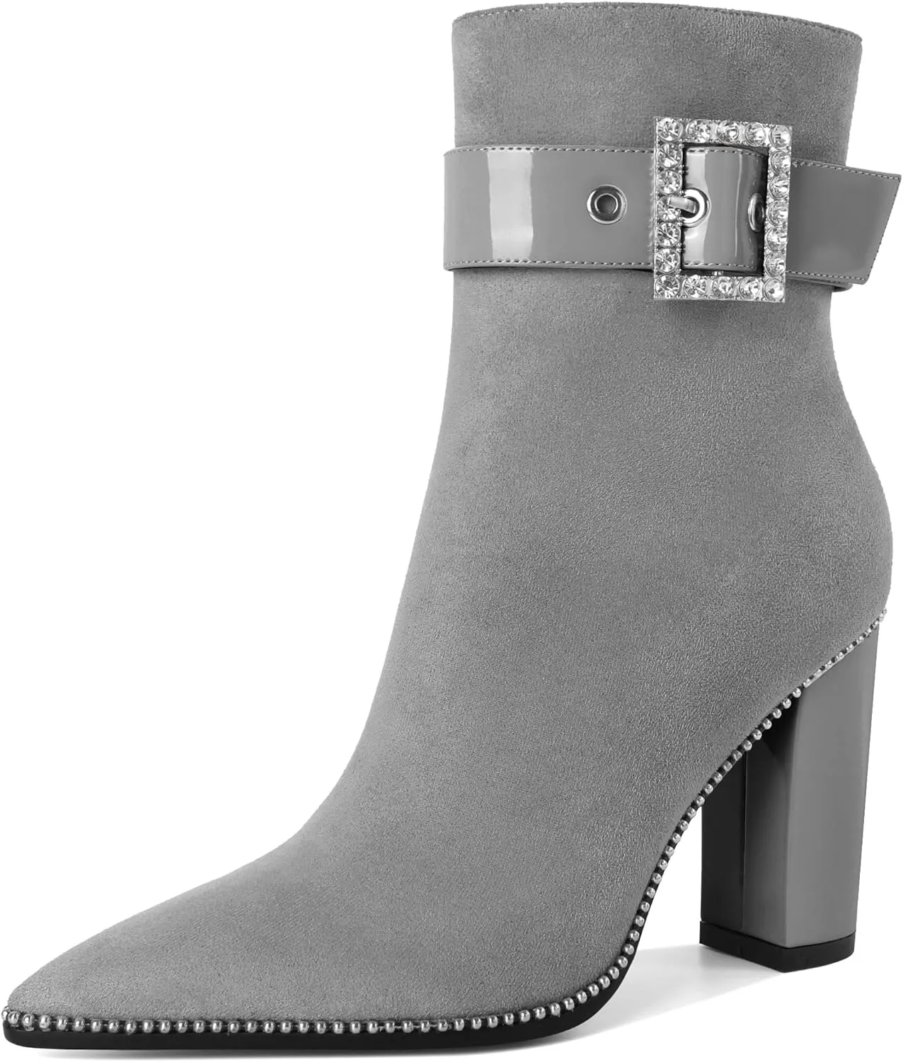 Womens Pointed Toe Beaded Ankle Boots Side Zipper 3.7 Inches Chunky High Heel Strap Buckle Short Boots