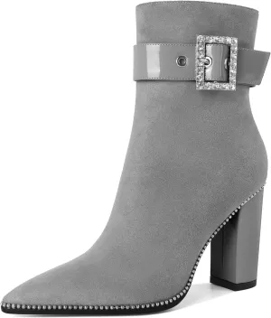 Womens Pointed Toe Beaded Ankle Boots Side Zipper 3.7 Inches Chunky High Heel Strap Buckle Short Boots