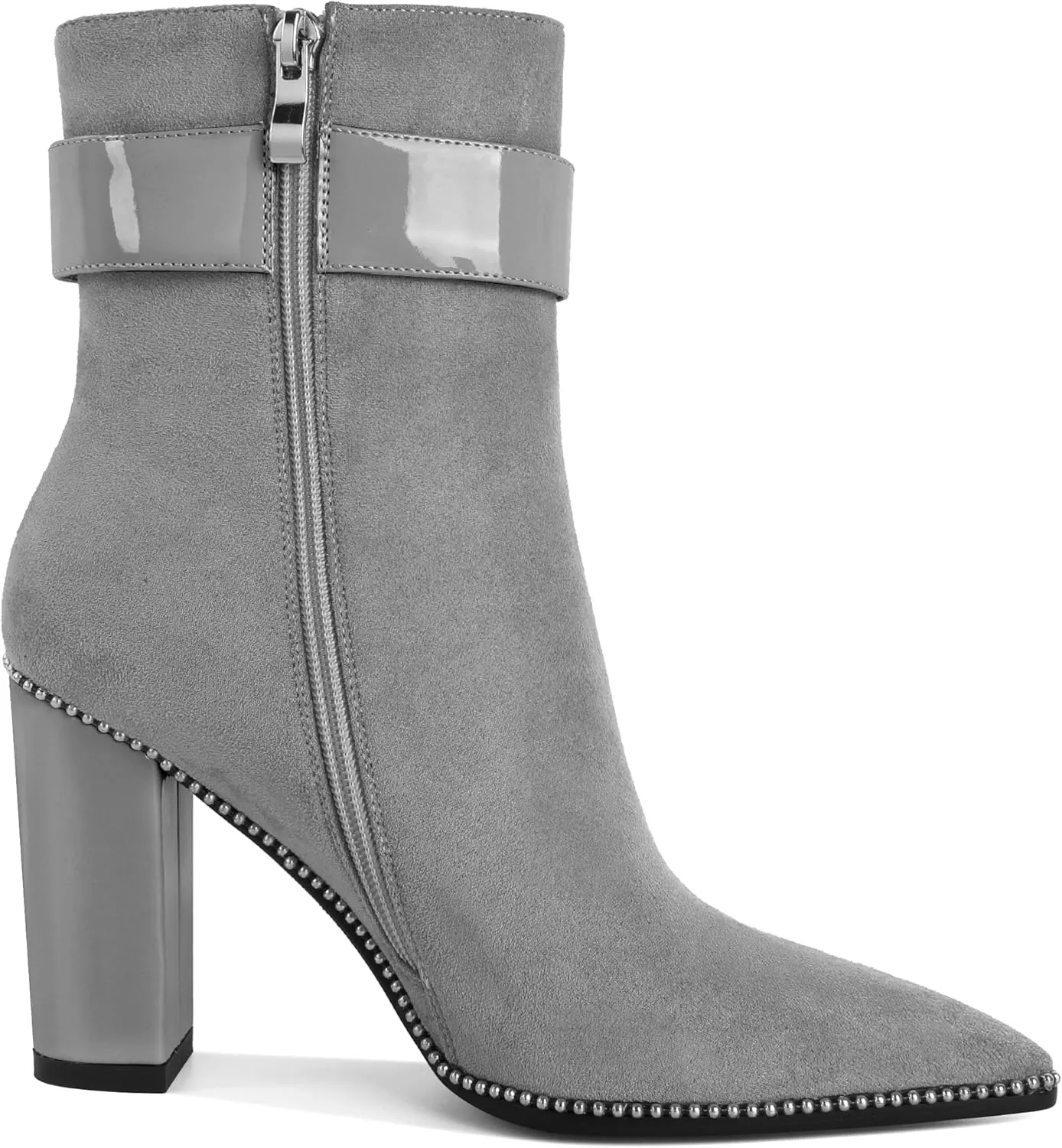 Womens Pointed Toe Beaded Ankle Boots Side Zipper 3.7 Inches Chunky High Heel Strap Buckle Short Boots