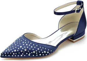 Women's Pointed Toe Bridal Flats Cryatal Pumps Satin Wedding Flats Shoes for Bride Evening Prom Party Dress Flats Pumps Sandals
