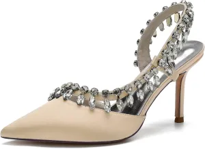 Women's Pointed Toe Crystal High Heels Satin Slingback Wedding Shoes Evening Party Comfort Flats Sandals for Bride
