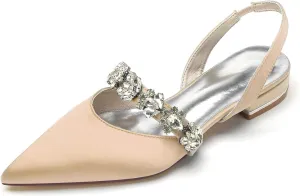 Women's Pointed Toe Wedding Flats Satin Rhinestones Slingback Bridal Shoes Comfortable Evening Prom Party Dress Shoes Pumps