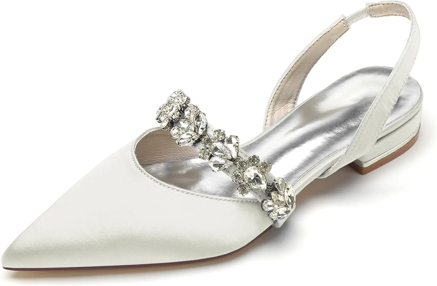Women's Pointed Toe Wedding Flats Satin Rhinestones Slingback Bridal Shoes Comfortable Evening Prom Party Dress Shoes Pumps