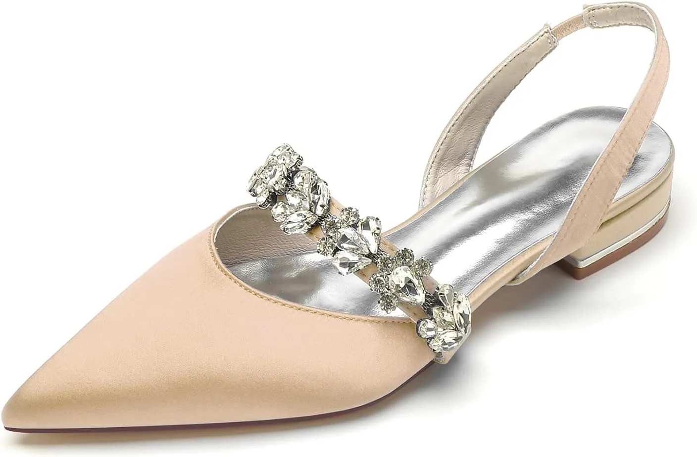 Women's Pointed Toe Wedding Flats Satin Rhinestones Slingback Bridal Shoes Comfortable Evening Prom Party Dress Shoes Pumps