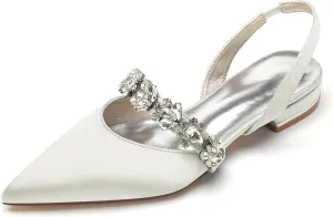 Women's Pointed Toe Wedding Flats Satin Rhinestones Slingback Bridal Shoes Comfortable Evening Prom Party Dress Shoes Pumps