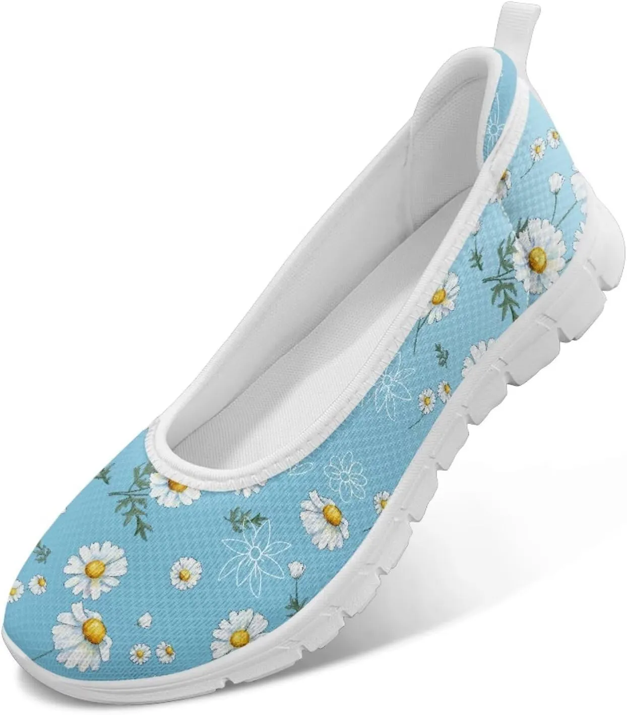 Women's Printed Ballet-Style Flats Slip on Everyday Casual Shoes Floral Paw Pattern Breathable Mesh Lightweight Comfortable Walking Shoes for Travel Dating White Sole Size 6-11