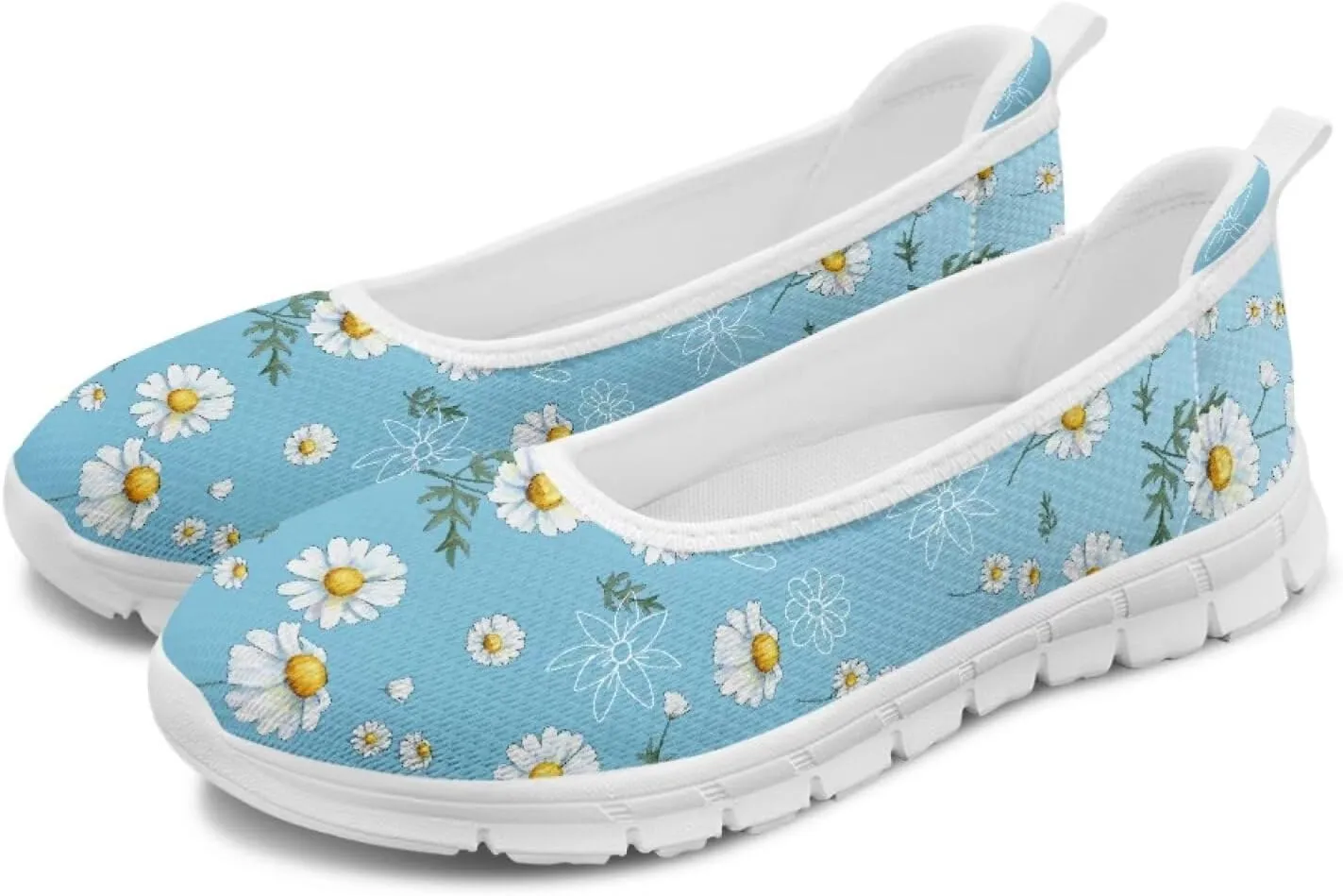 Women's Printed Ballet-Style Flats Slip on Everyday Casual Shoes Floral Paw Pattern Breathable Mesh Lightweight Comfortable Walking Shoes for Travel Dating White Sole Size 6-11