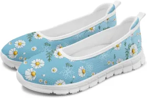 Women's Printed Ballet-Style Flats Slip on Everyday Casual Shoes Floral Paw Pattern Breathable Mesh Lightweight Comfortable Walking Shoes for Travel Dating White Sole Size 6-11