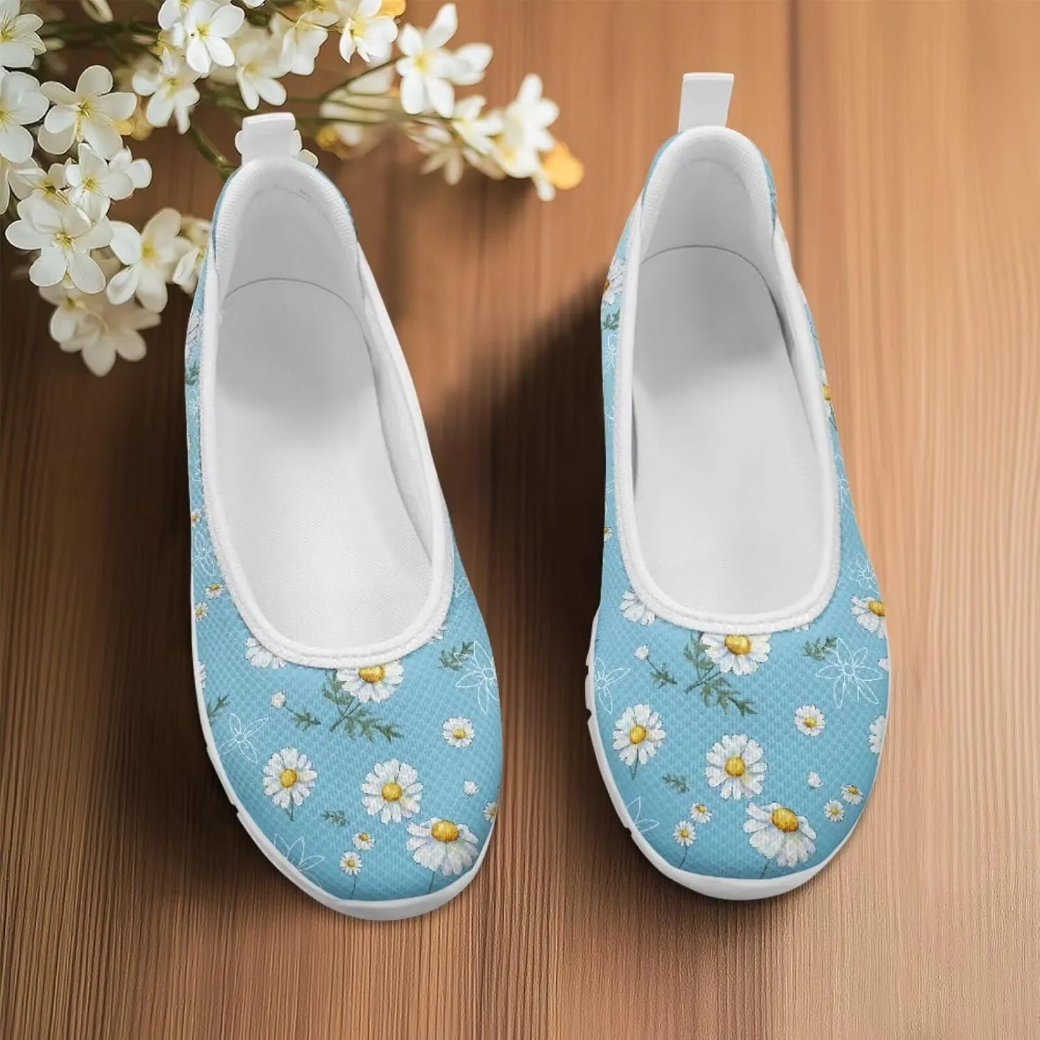 Women's Printed Ballet-Style Flats Slip on Everyday Casual Shoes Floral Paw Pattern Breathable Mesh Lightweight Comfortable Walking Shoes for Travel Dating White Sole Size 6-11