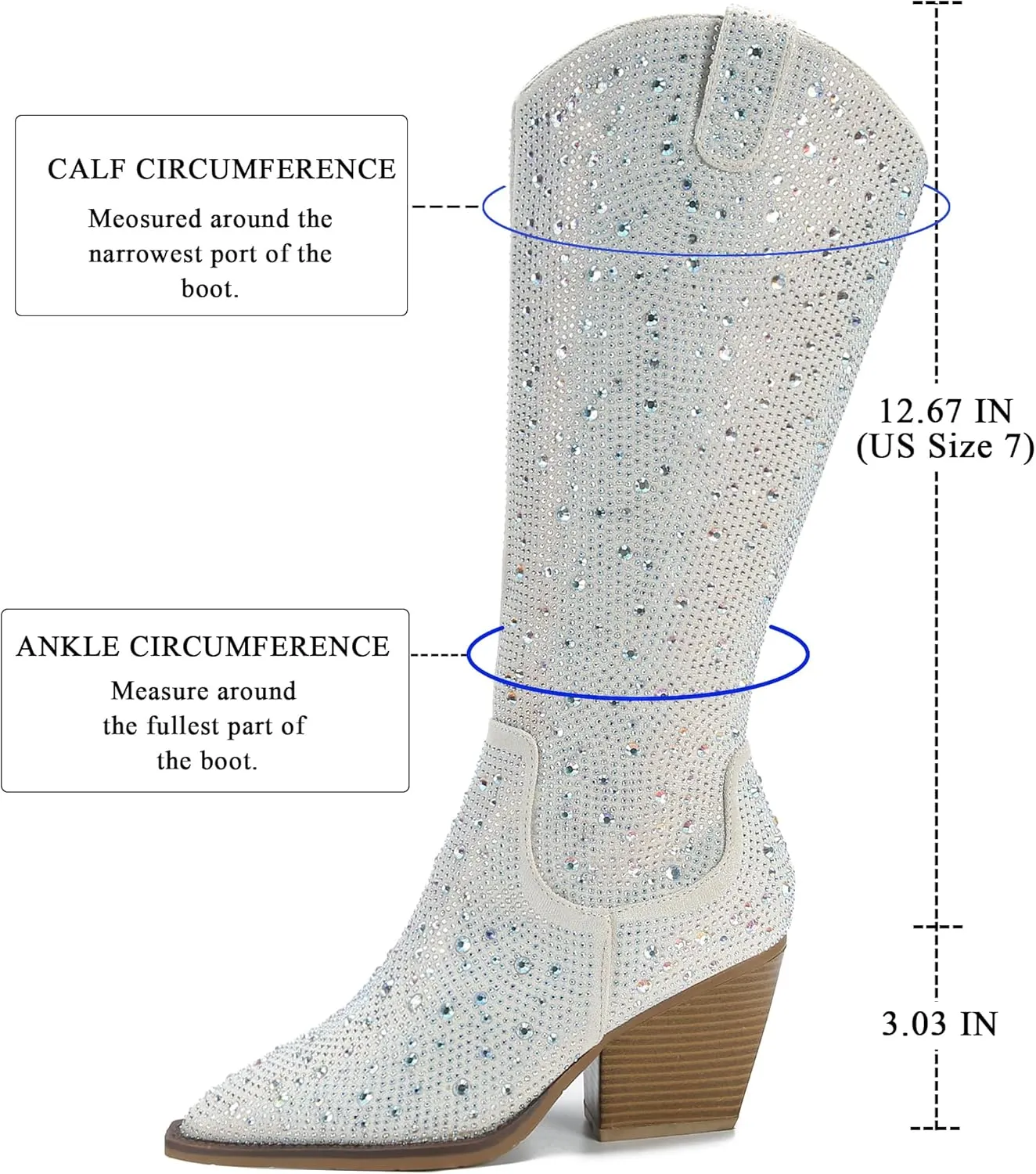 Women's Rhinestone Knee High Boots Western Cowgirl Boots Cowboy Boots Chunky Heel Pointed Toe Sparkly Mid Calf Boots